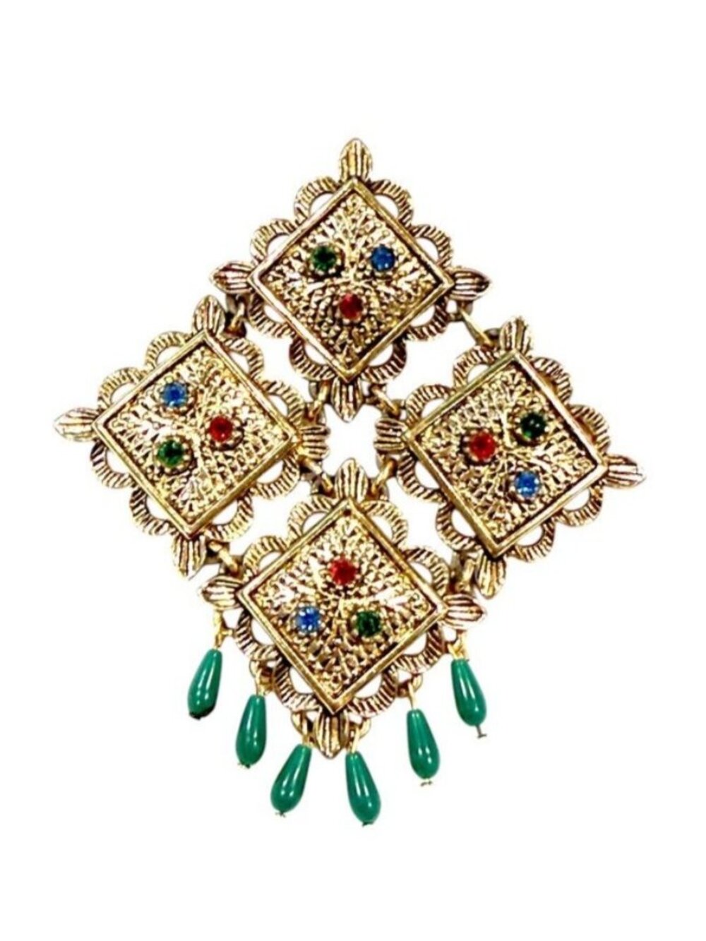 Sarah Coventry Brooch Gold-Tone Filigree Rhinestones Teardrop Dangling Beads